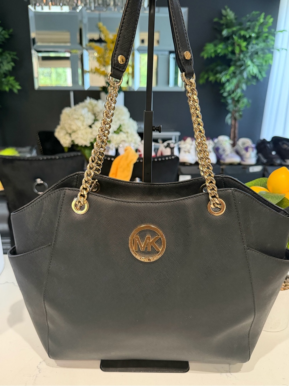 Michael Kors Black Leather Tote with Gold MK Logo & Chain Straps